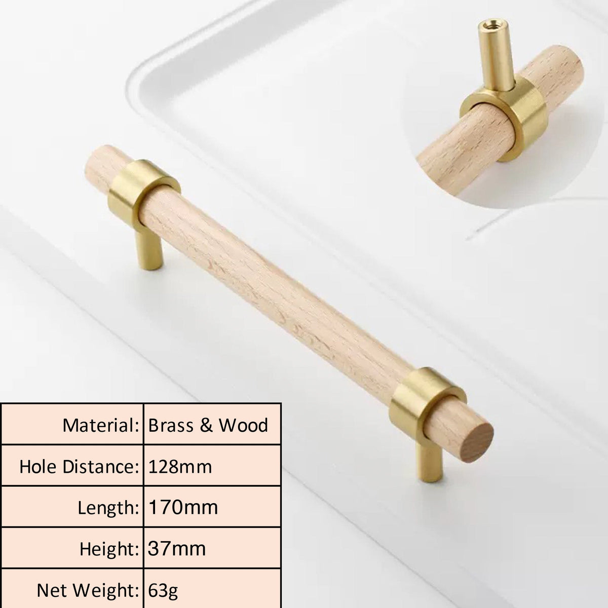 Beech Wood Cabinet Pull with Solid Brass