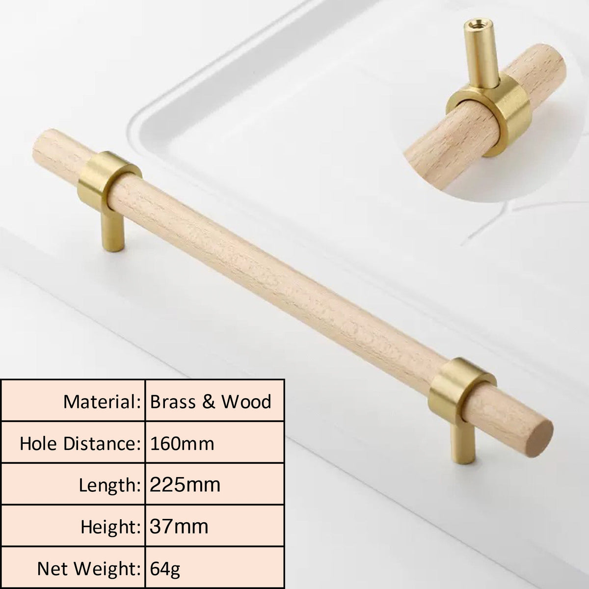 Beech Wood Cabinet Pull with Solid Brass